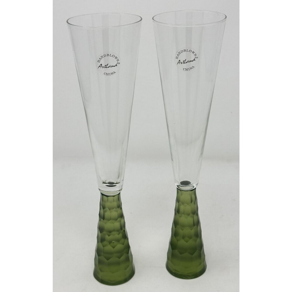 ARTLAND PRESCOTT Crystal Champagne Flutes Handblown Honeycomb GREEN Set of 2